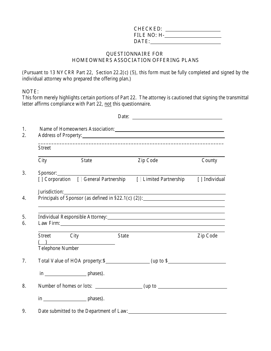 Questionnaire for Homeowners Association Offering Plans - New York, Page 1