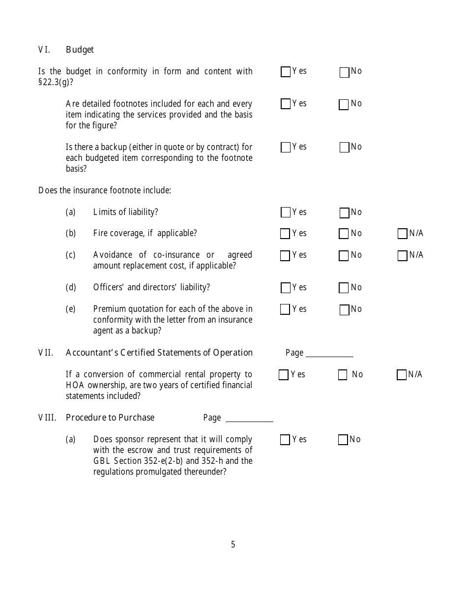 Questionnaire for Homeowners Association Offering Plans - New York, Page 5