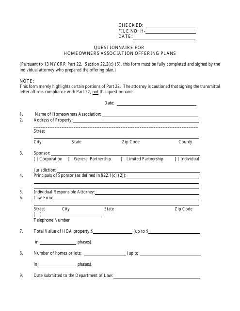 Questionnaire for Homeowners Association Offering Plans - New York Download Pdf