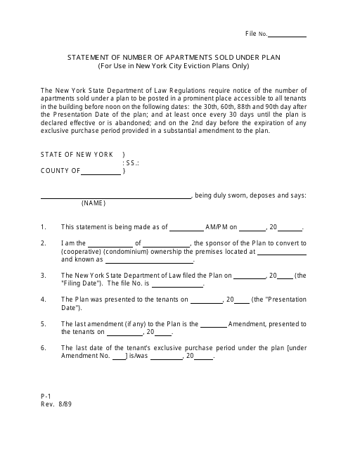 Form P-1 Statement of Number of Apartments Sold Under Plan (For Use in New York City Eviction Plans Only) - New York