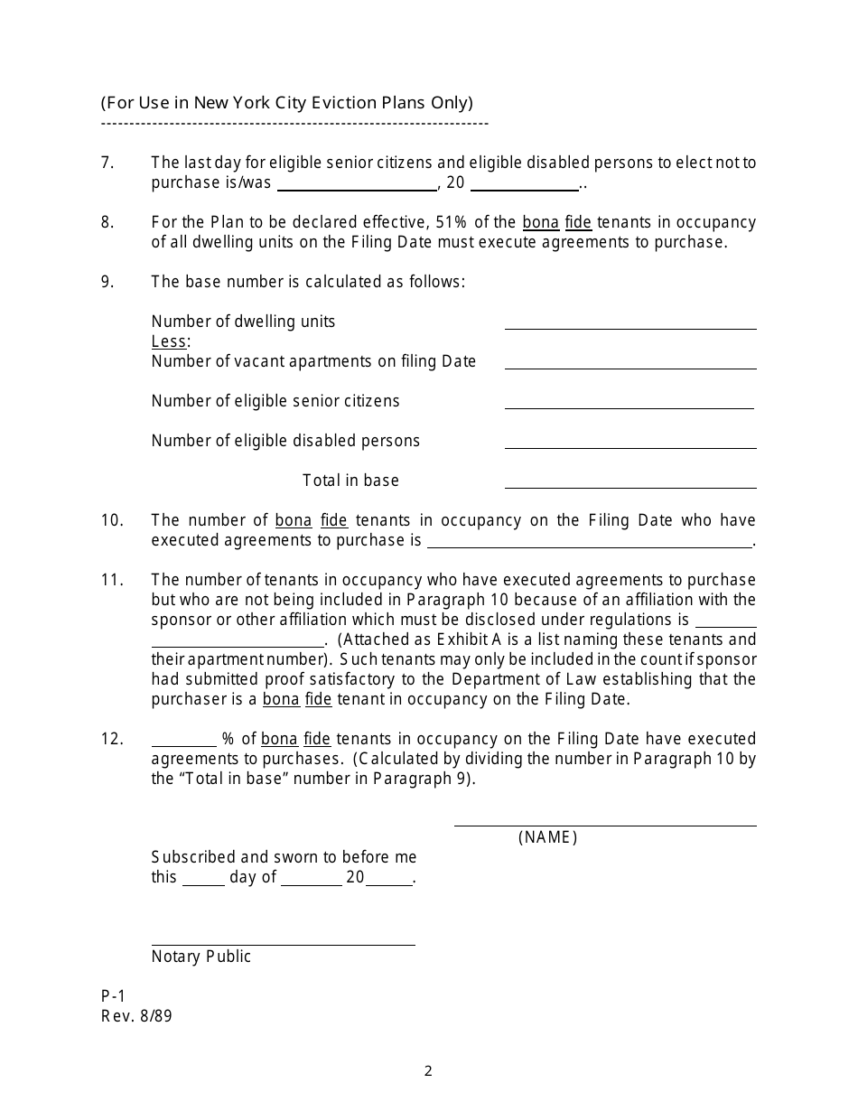Form P-1 Statement of Number of Apartments Sold Under Plan (For Use in New York City Eviction Plans Only) - New York, Page 2