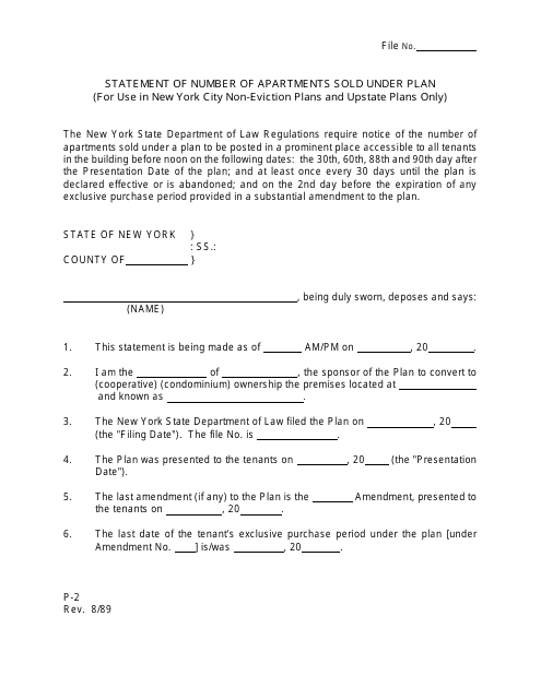 Form P-2 Statement of Number of Apartments Sold Under Plan (For Use in New York City Non-eviction Plans and Upstate Plans Only) - New York