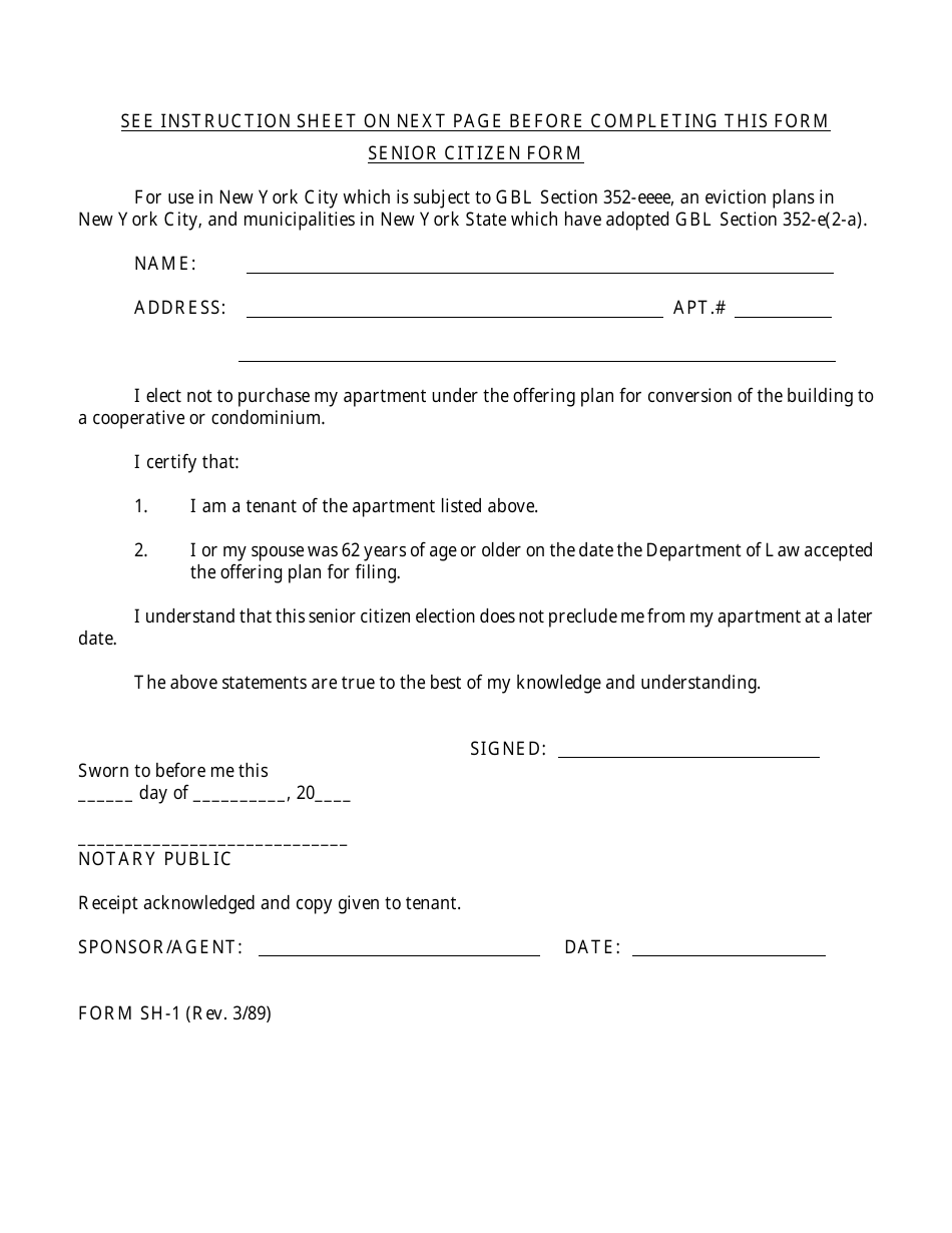 Form SH-1 Senior Citizen Form - New York, Page 1