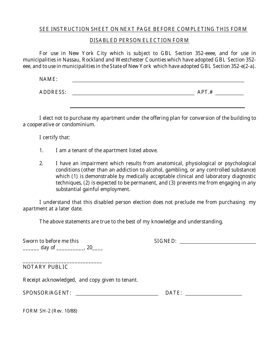 Form SH-2 Disabled Person Election Form - New York, Page 1