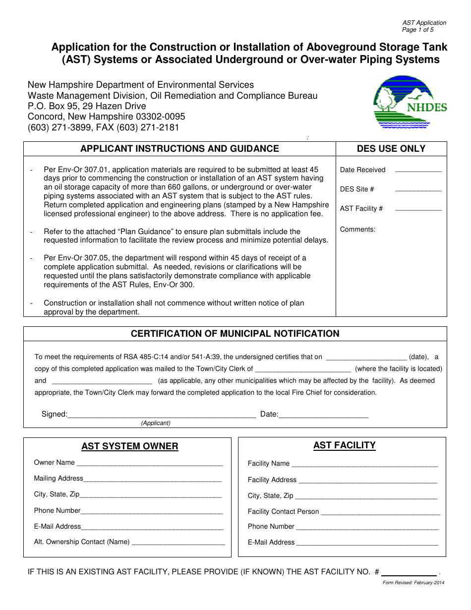 Application for the Construction or Installation of Aboveground Storage Tank (Ast) Systems or Associated Underground or Over-water Piping Systems - New Hampshire, Page 1