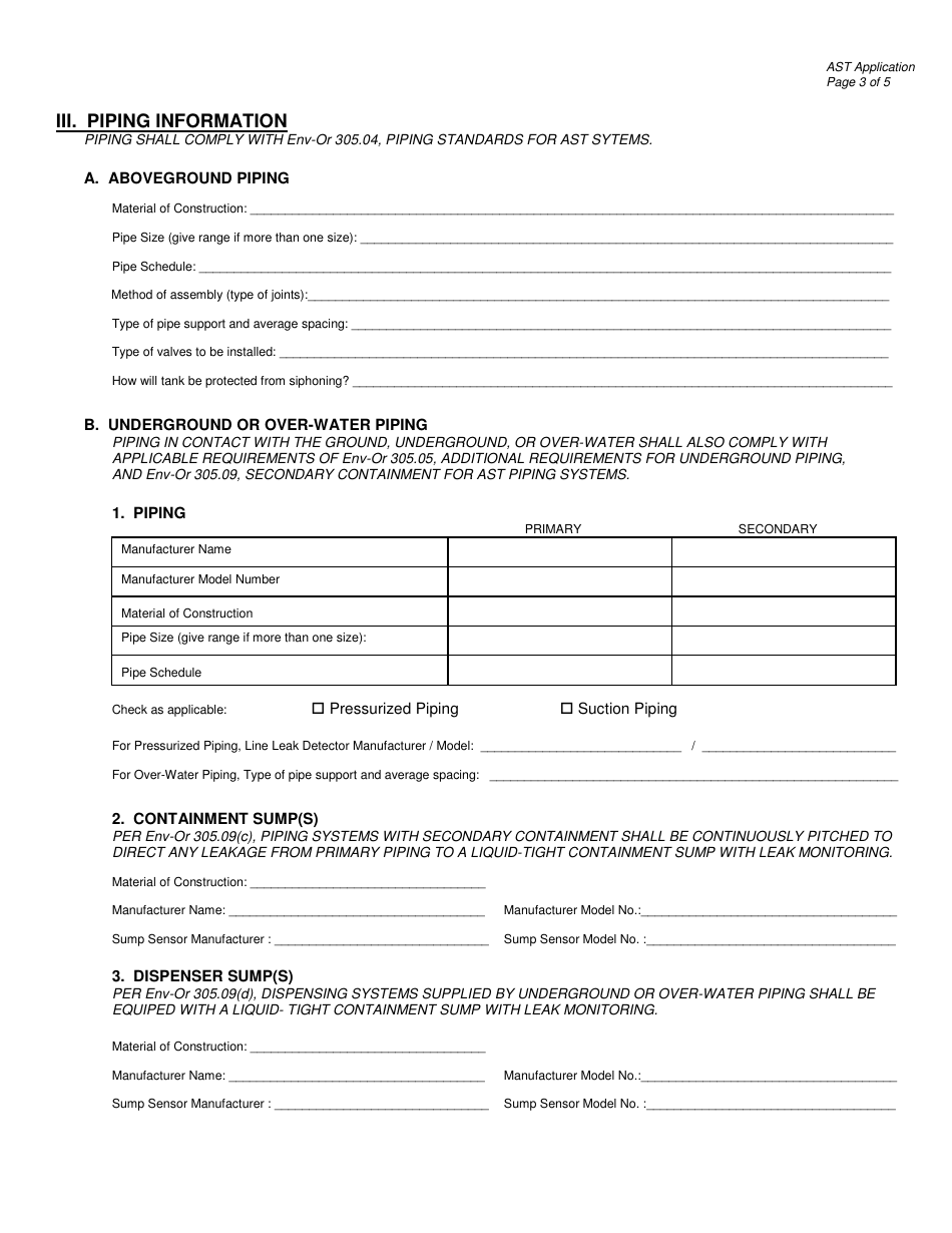 Application for the Construction or Installation of Aboveground Storage Tank (Ast) Systems or Associated Underground or Over-water Piping Systems - New Hampshire, Page 3