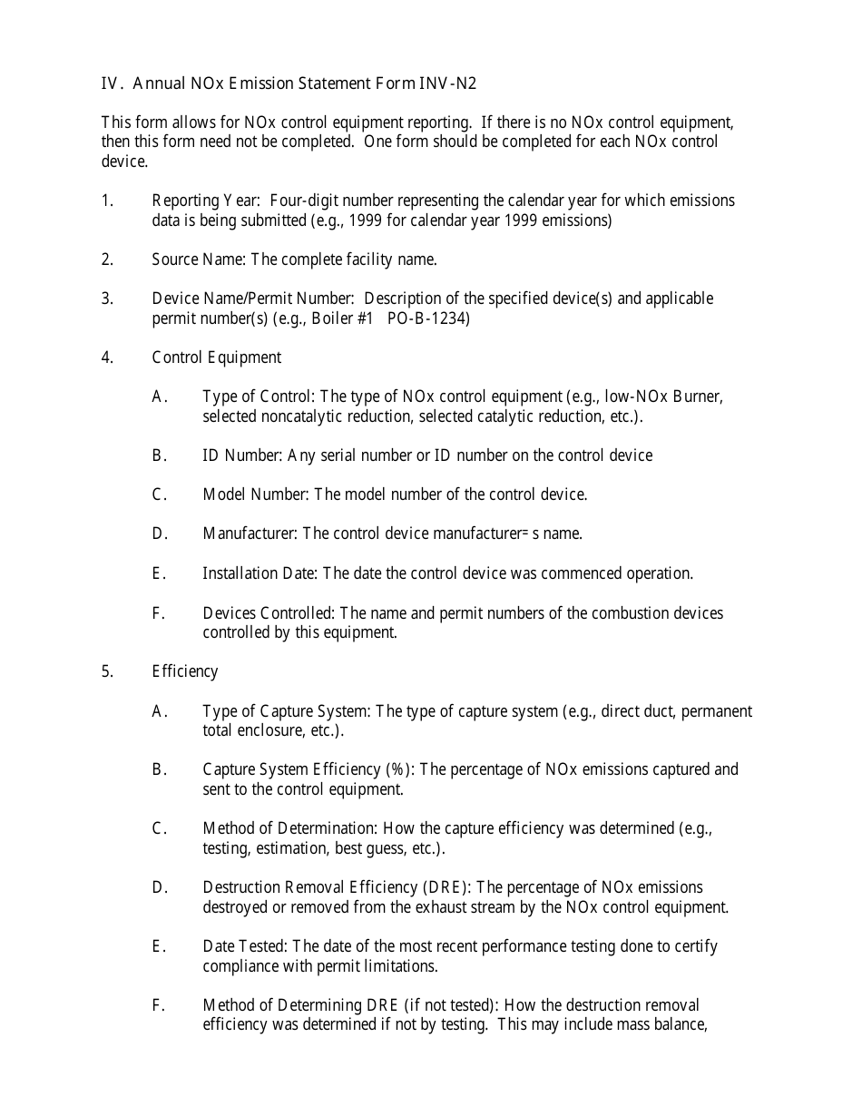 Instructions for Form INV-N2, INV-V1, INV-N1 Annual Nox / VOC / So2 Emission Statement Form - New Hampshire, Page 1