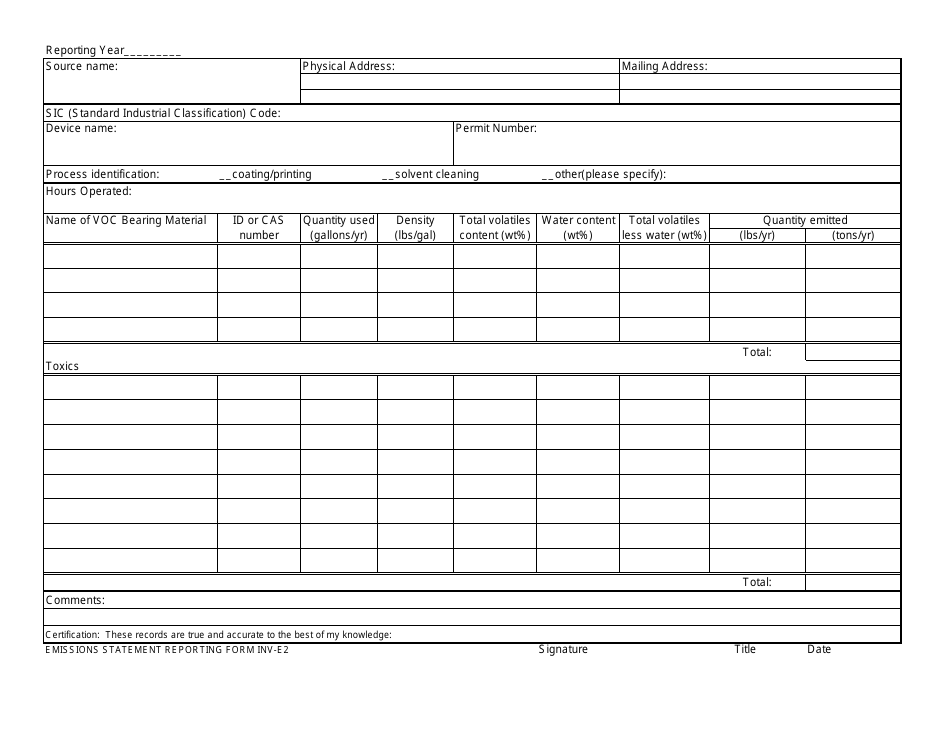 Form INV-E2 Annual Emissions Statement Form - New Hampshire, Page 1