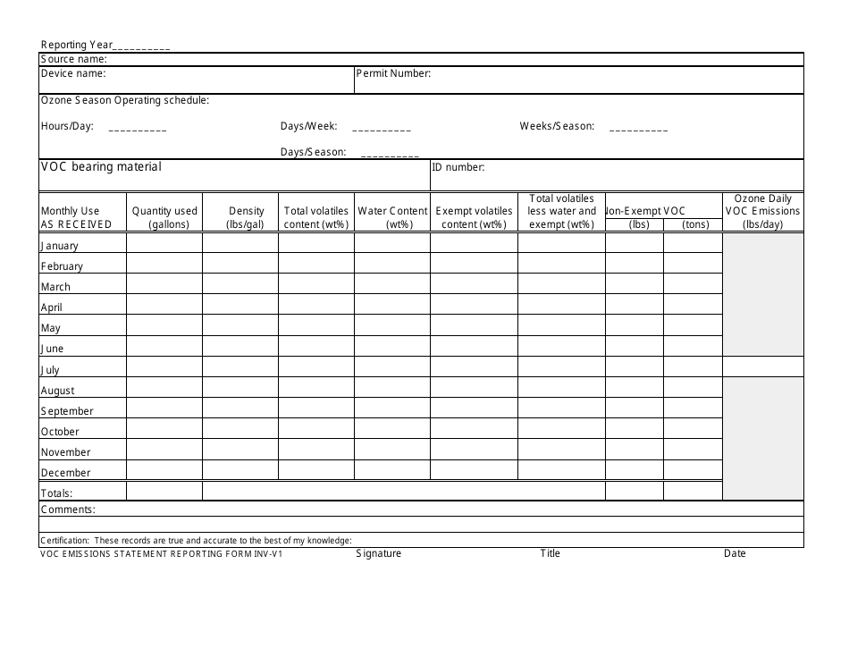 Form INV-V1 Annual VOC Emissions Statement Form - New Hampshire, Page 1