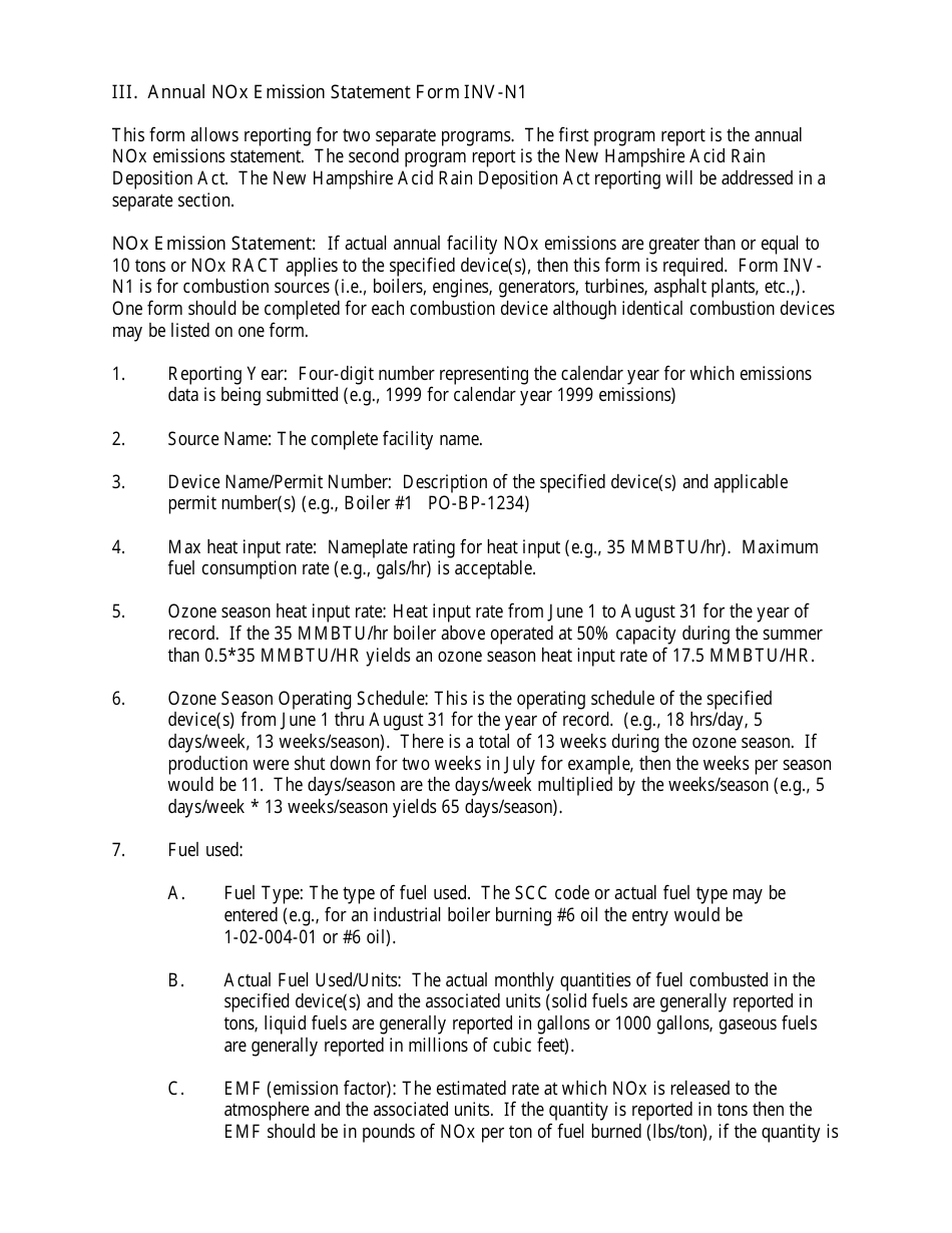 Instructions for Form INV-N1 Annual Nox Emissions Statement Form - New Hampshire, Page 1