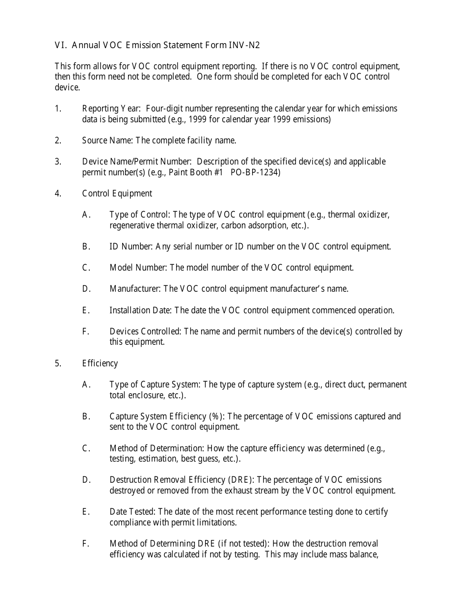 Instructions for Form INV-N2, INV-N1 Annual VOC Emission Statement Form - New Hampshire, Page 1