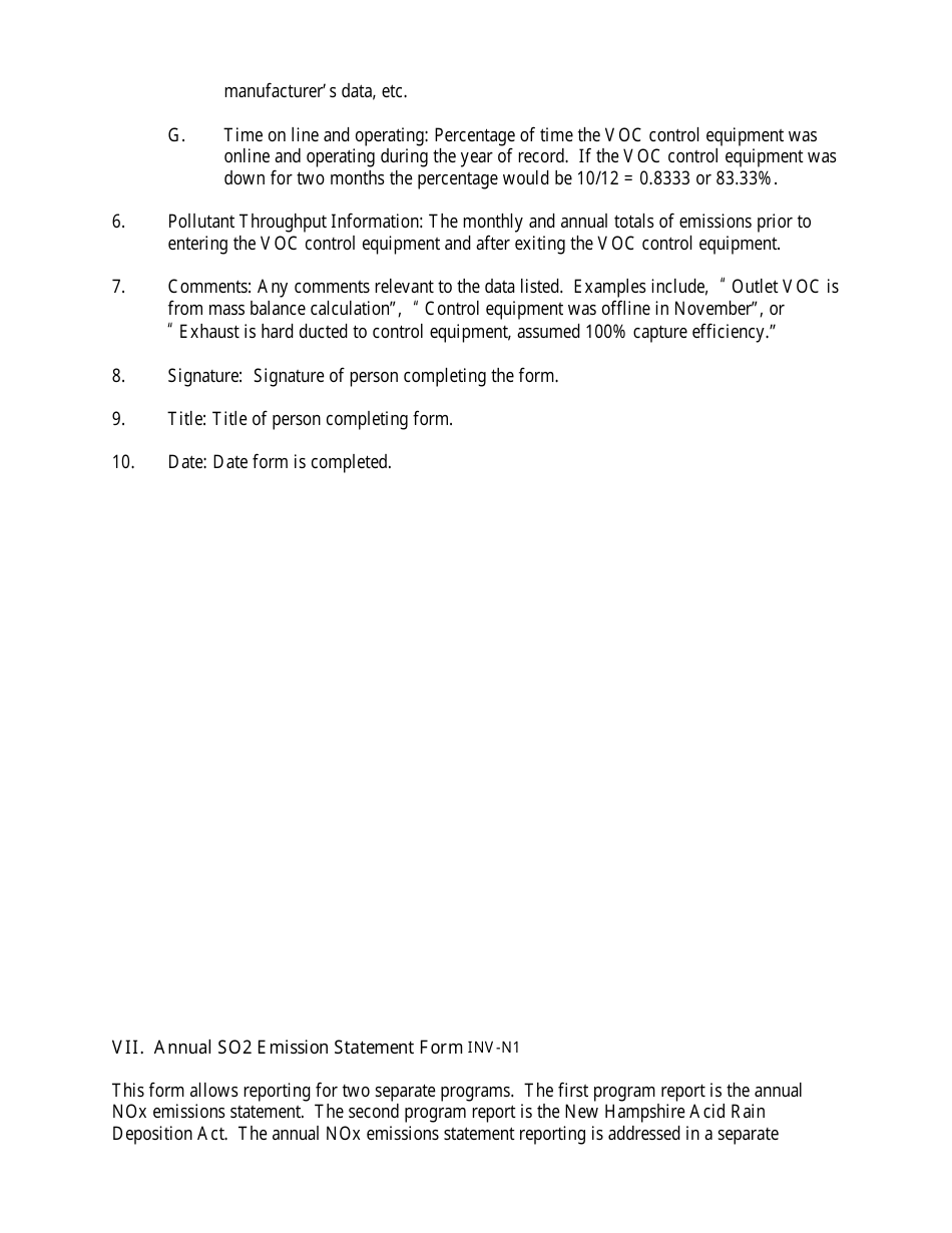 Instructions for Form INV-N2, INV-N1 Annual VOC Emission Statement Form - New Hampshire, Page 2