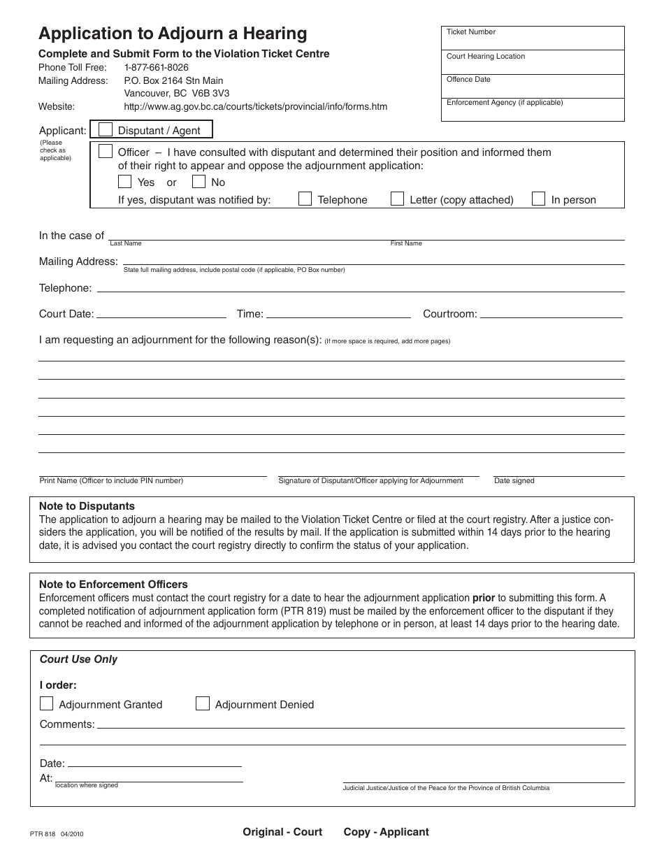 Form PTR818 Application to Adjourn a Hearing - British Columbia, Canada, Page 1