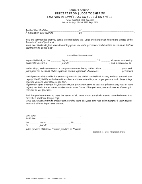Form 3 Precept From Judge to Sheriff - Ontario, Canada (English/French)