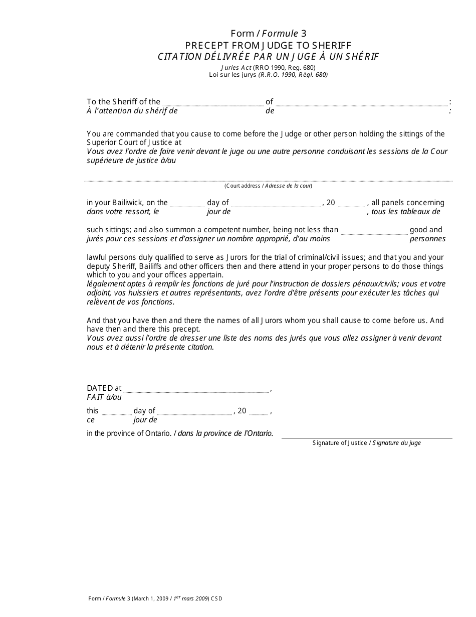 Form 3 Precept From Judge to Sheriff - Ontario, Canada (English / French), Page 1