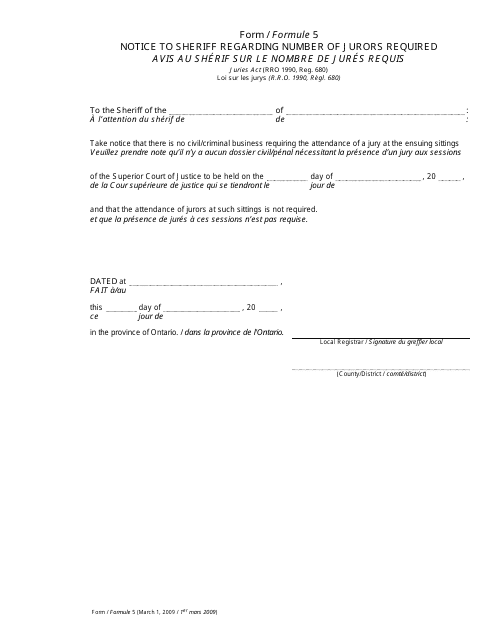 Form 5 Notice to Sheriff Regarding Number of Jurors Required - Ontario, Canada (English/French)