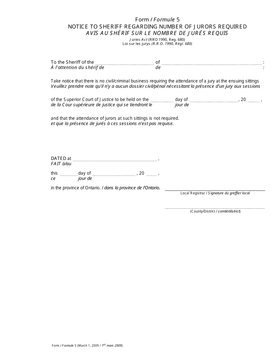 Form 5 Notice to Sheriff Regarding Number of Jurors Required - Ontario, Canada (English / French), Page 1