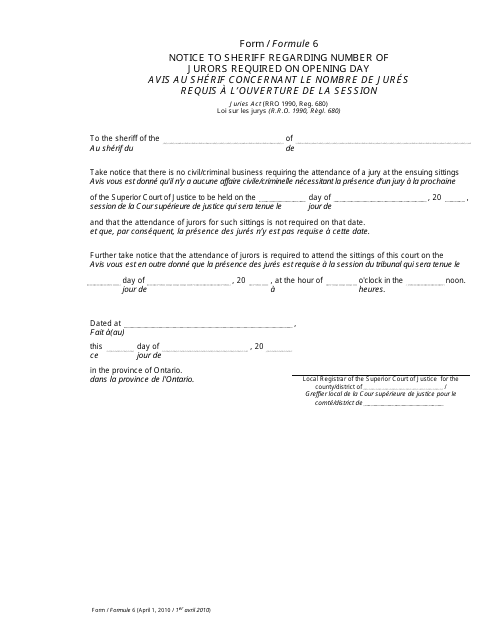 Form 6 Notice to Sheriff Regarding Number of Jurors Required on Opening Day - Ontario, Canada (English/French)