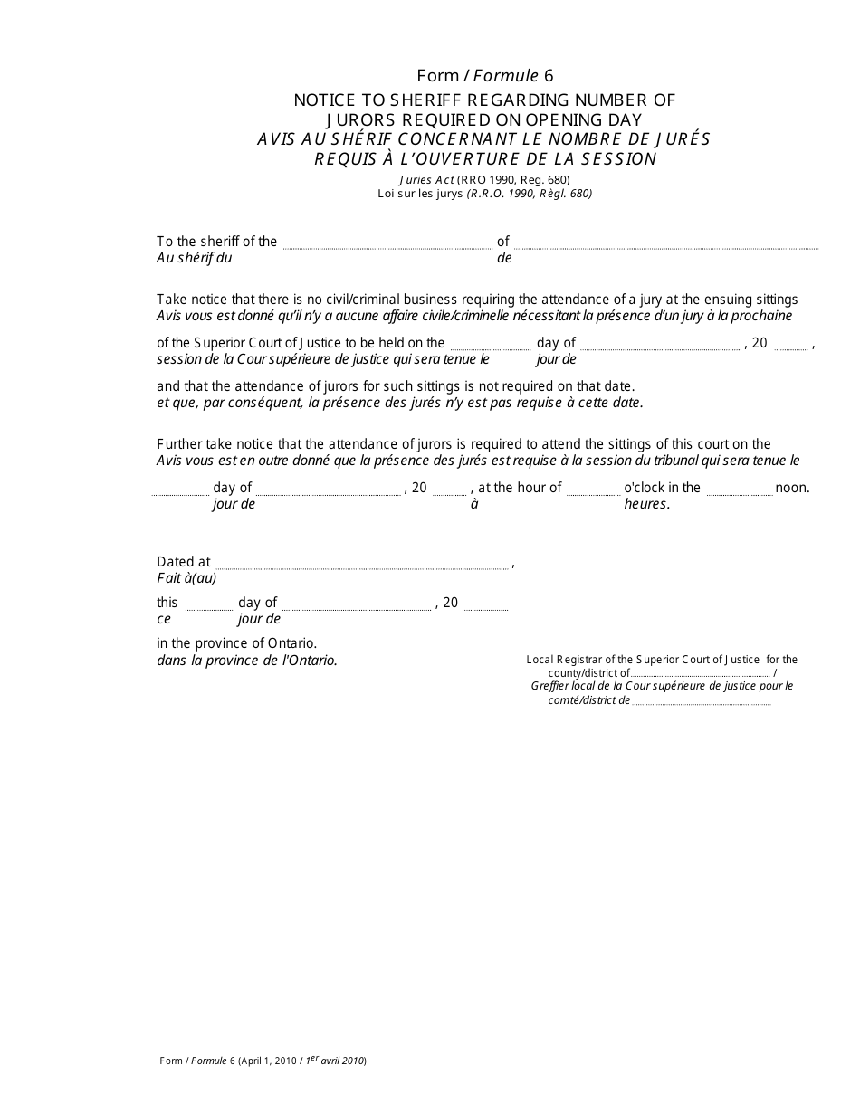 Form 6 Notice to Sheriff Regarding Number of Jurors Required on Opening Day - Ontario, Canada (English / French), Page 1