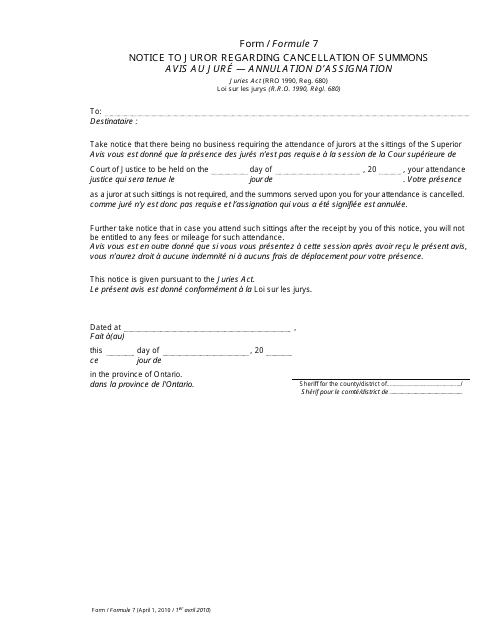 Form 7 Notice to Juror Regarding Cancellation of Summons - Ontario, Canada (English/French)