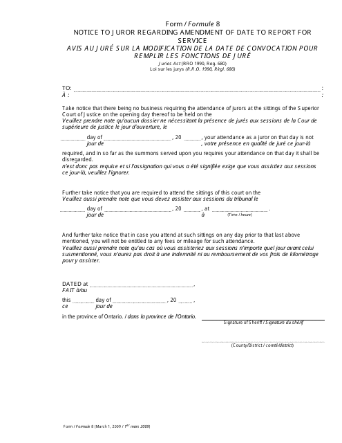 Form 8 Notice to Juror Regarding Amendment of Date to Report for Service - Ontario, Canada (English/French)