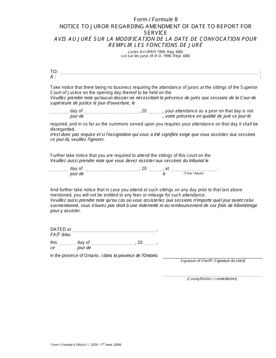 Form 8 Notice to Juror Regarding Amendment of Date to Report for Service - Ontario, Canada (English / French), Page 1