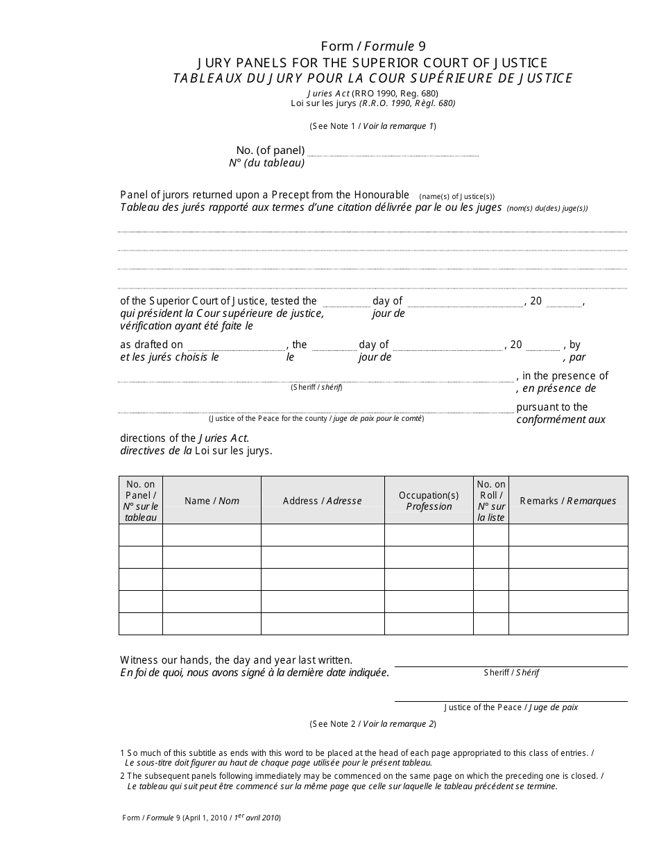 Form 9 Jury Panels for the Superior Court of Justice - Ontario, Canada (English / French), Page 1
