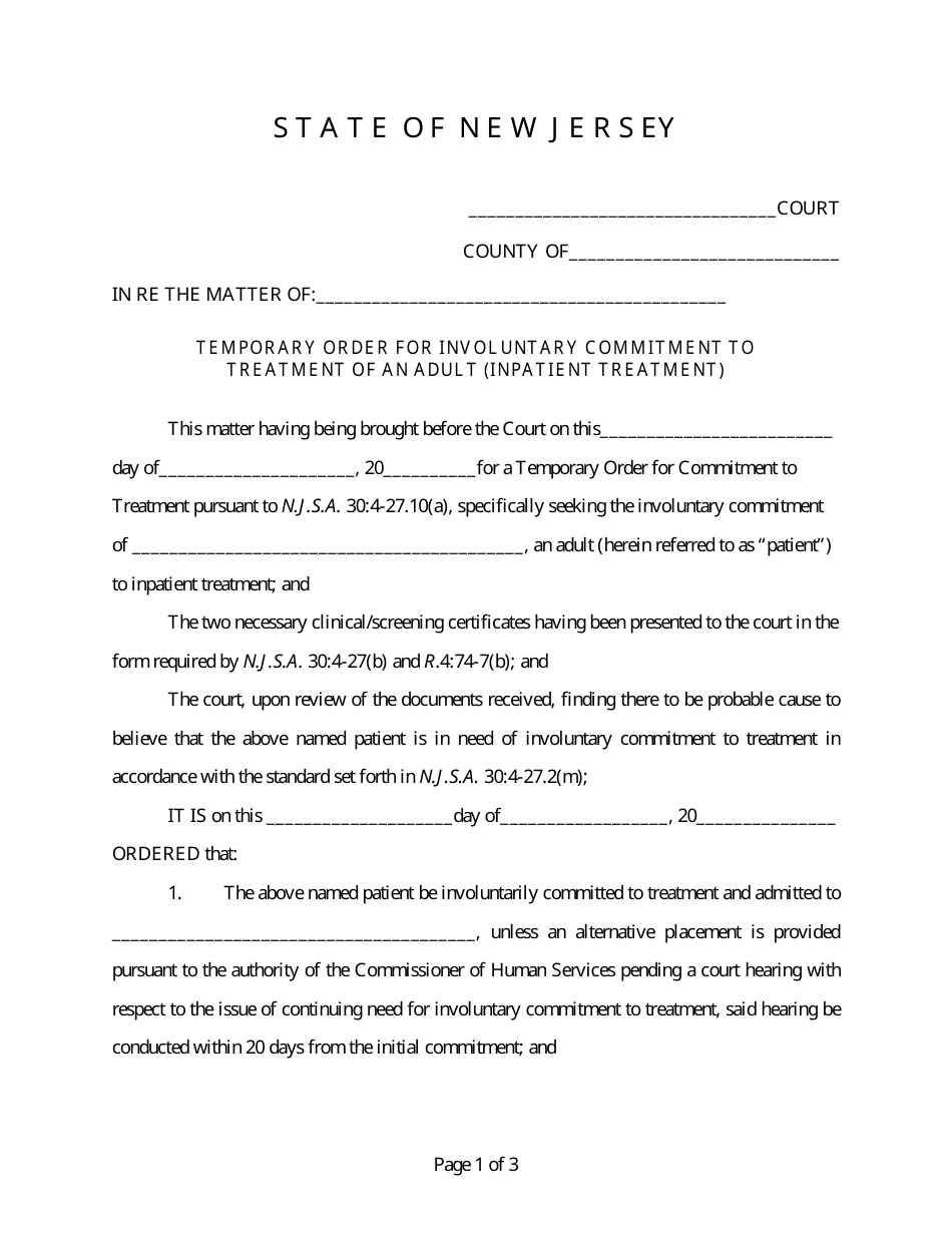 Temporary Order for Involuntary Commitment to Treatment of an Adult (Inpatient Treatment) - New Jersey, Page 1