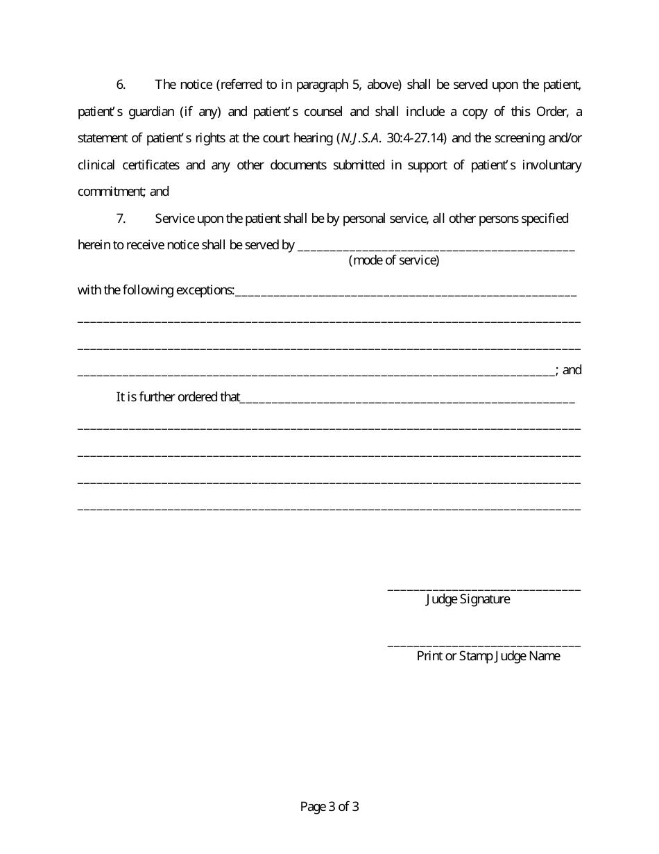 New Jersey Temporary Order For Involuntary Commitment To Treatment Of 