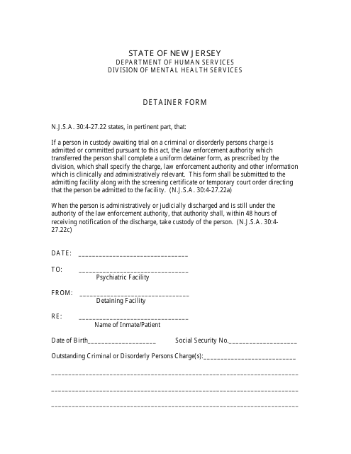 Detainer Form - New Jersey