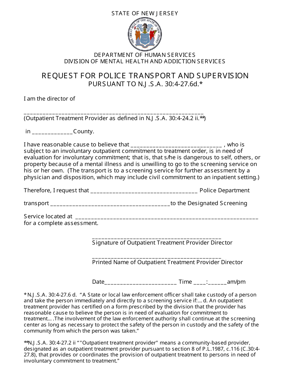 Request for Police Transport and Supervision - New Jersey, Page 1