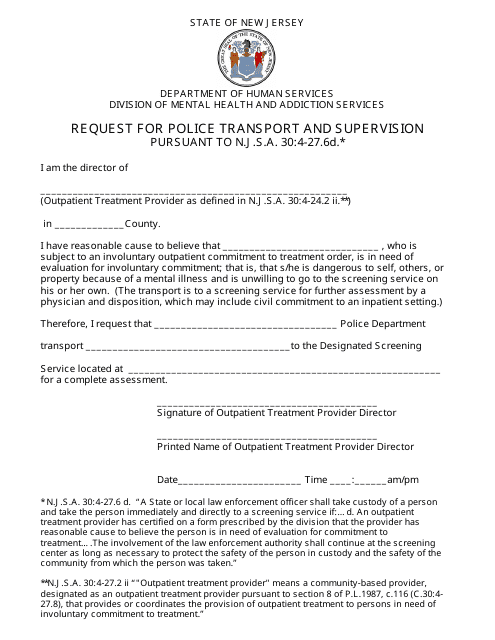 Request for Police Transport and Supervision - New Jersey Download Pdf