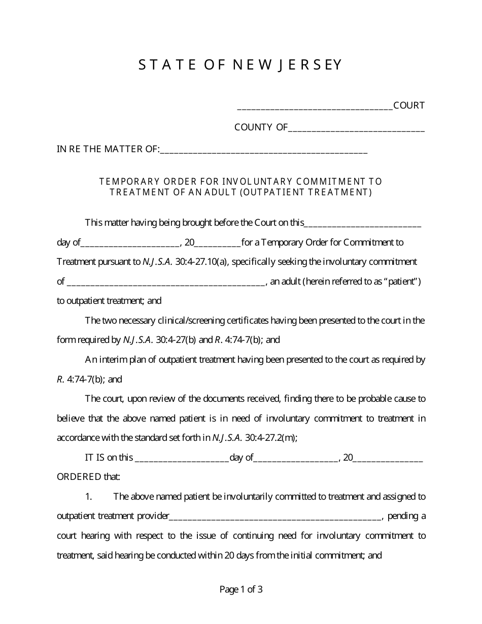 Temporary Order for Involuntary Commitment to Treatment of an Adult (Outpatient Treatment) - New Jersey, Page 1