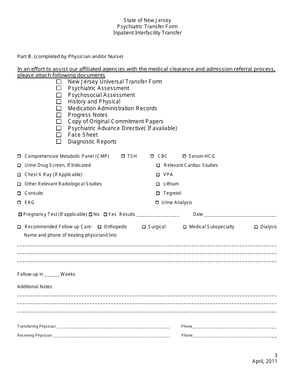 New Jersey Psychiatric Transfer Form - Inpatient Interfacility Transfer ...