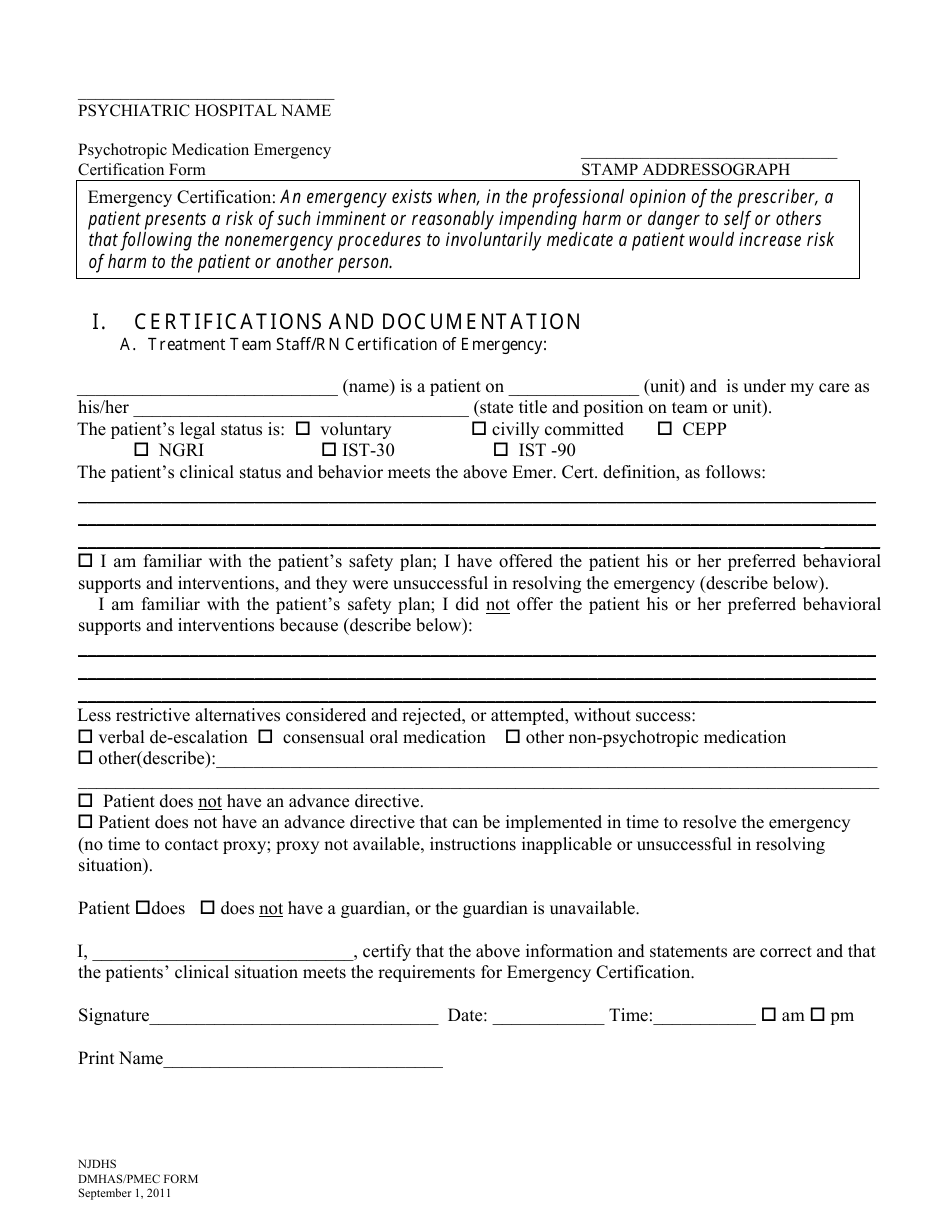 Psychotropic Medication Emergency Certification Form - New Jersey, Page 1