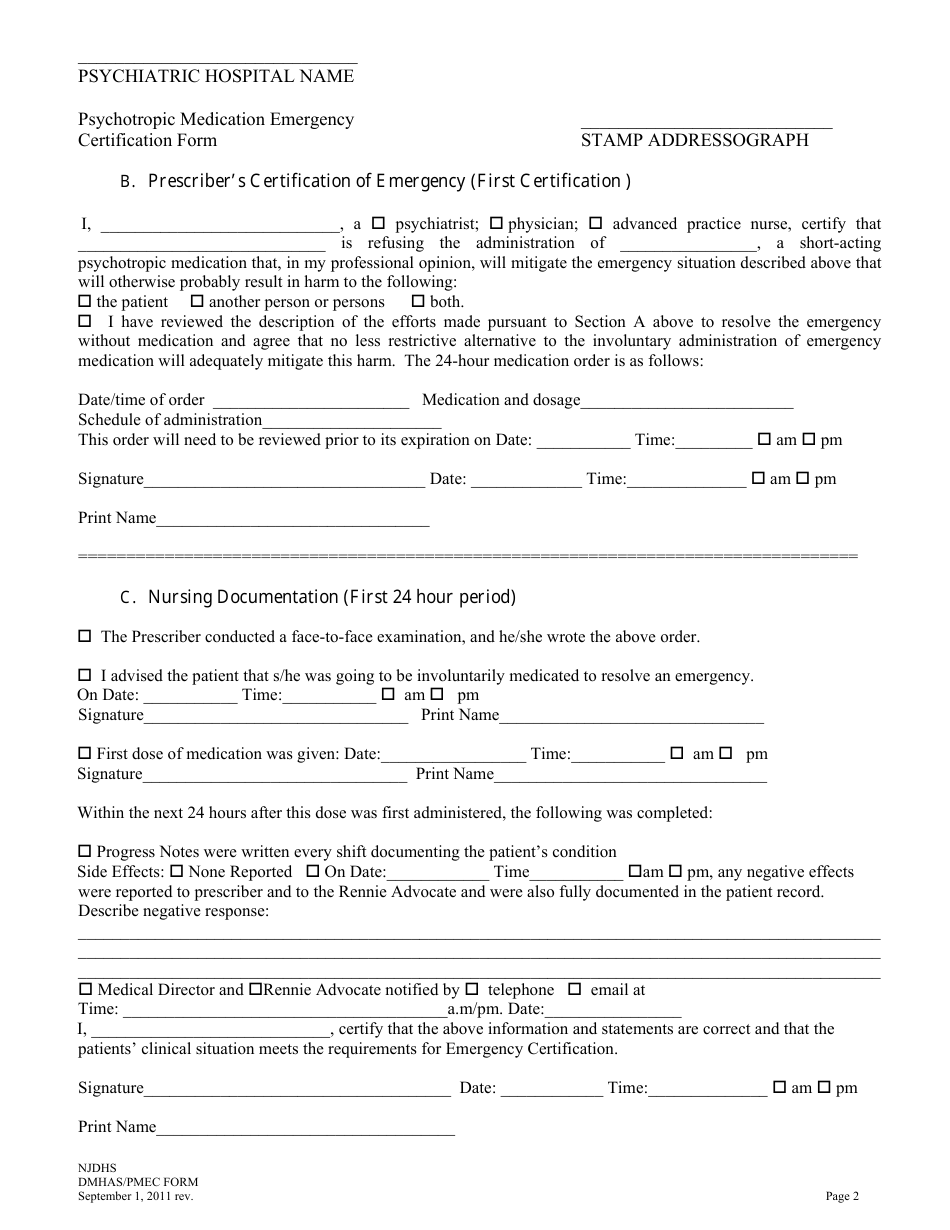Psychotropic Medication Emergency Certification Form - New Jersey, Page 2