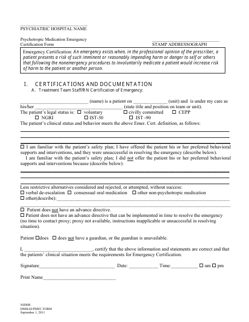 Psychotropic Medication Emergency Certification Form - New Jersey Download Pdf