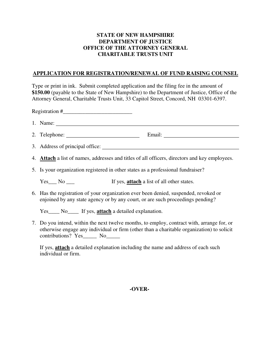 Form PFR-4 Application for Registration / Renewal of Fund Raising Counsel - New Hampshire, Page 1