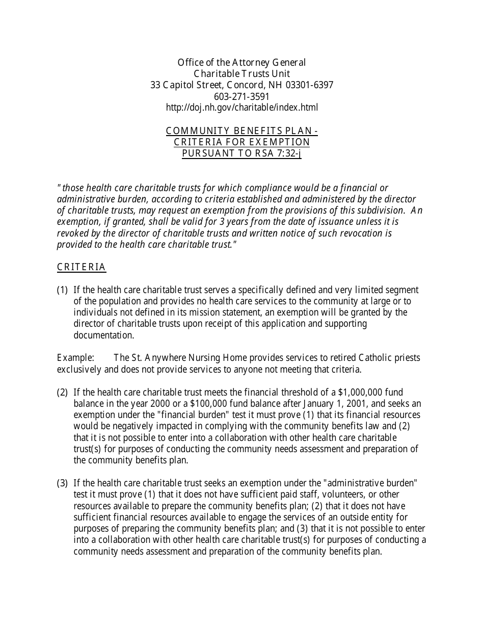 Community Benefits Plan - Application for Exemption Pursuant to Rsa 7:32-j - New Hampshire, Page 1