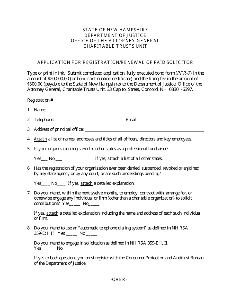 Form PFR-4 Application for Registration / Renewal of Paid Solicitor - New Hampshire, Page 1