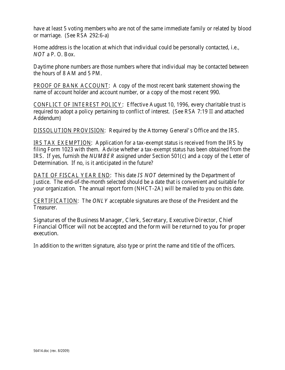 Form NHCT-1 Register of Charitable Trusts Application for Registration - New Hampshire, Page 2