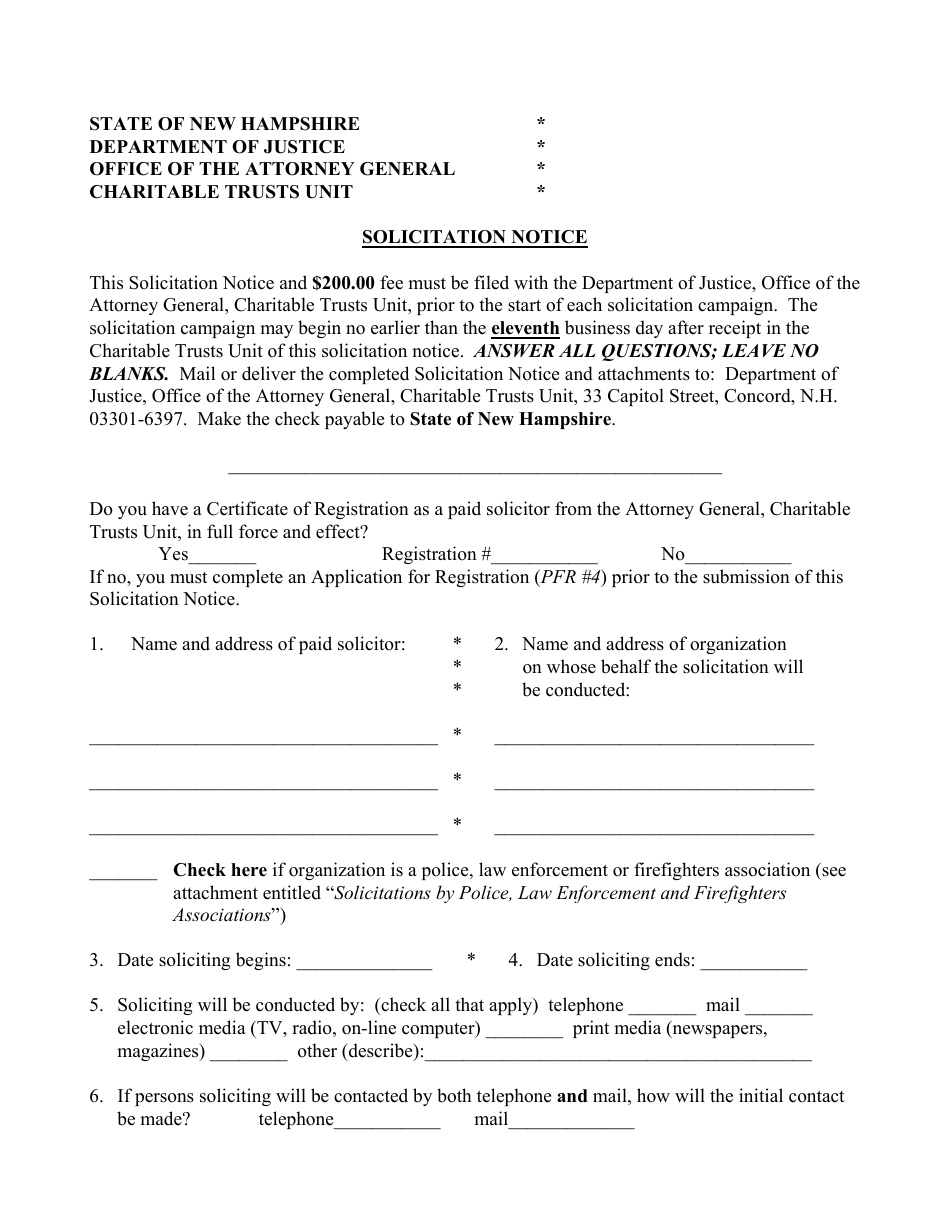 Form PFR-5 Solicitation Notice - New Hampshire, Page 1