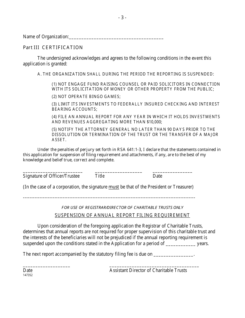 Application to Suspend Annual Report Filing Requirement - New Hampshire, Page 3
