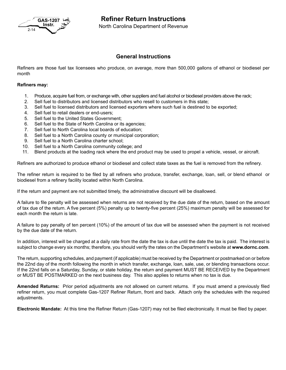 Instructions for Form GAS-1207 Refiner Return - North Carolina, Page 1