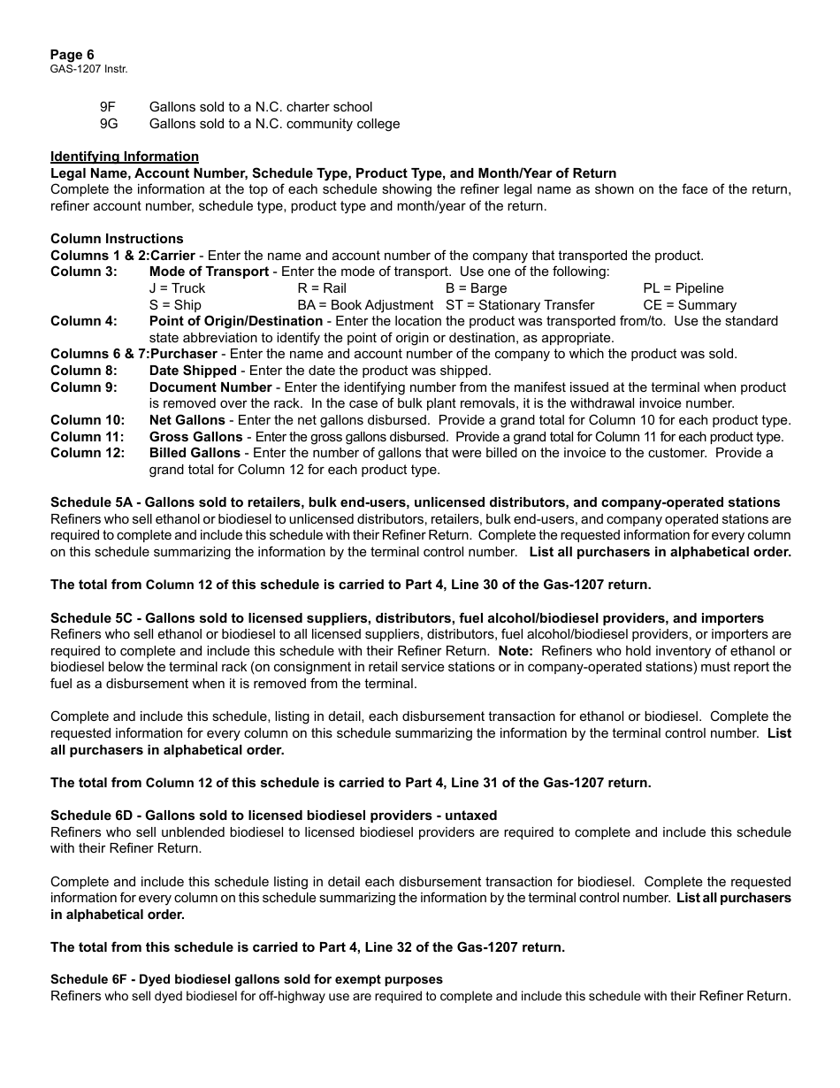 Instructions for Form GAS-1207 Refiner Return - North Carolina, Page 6