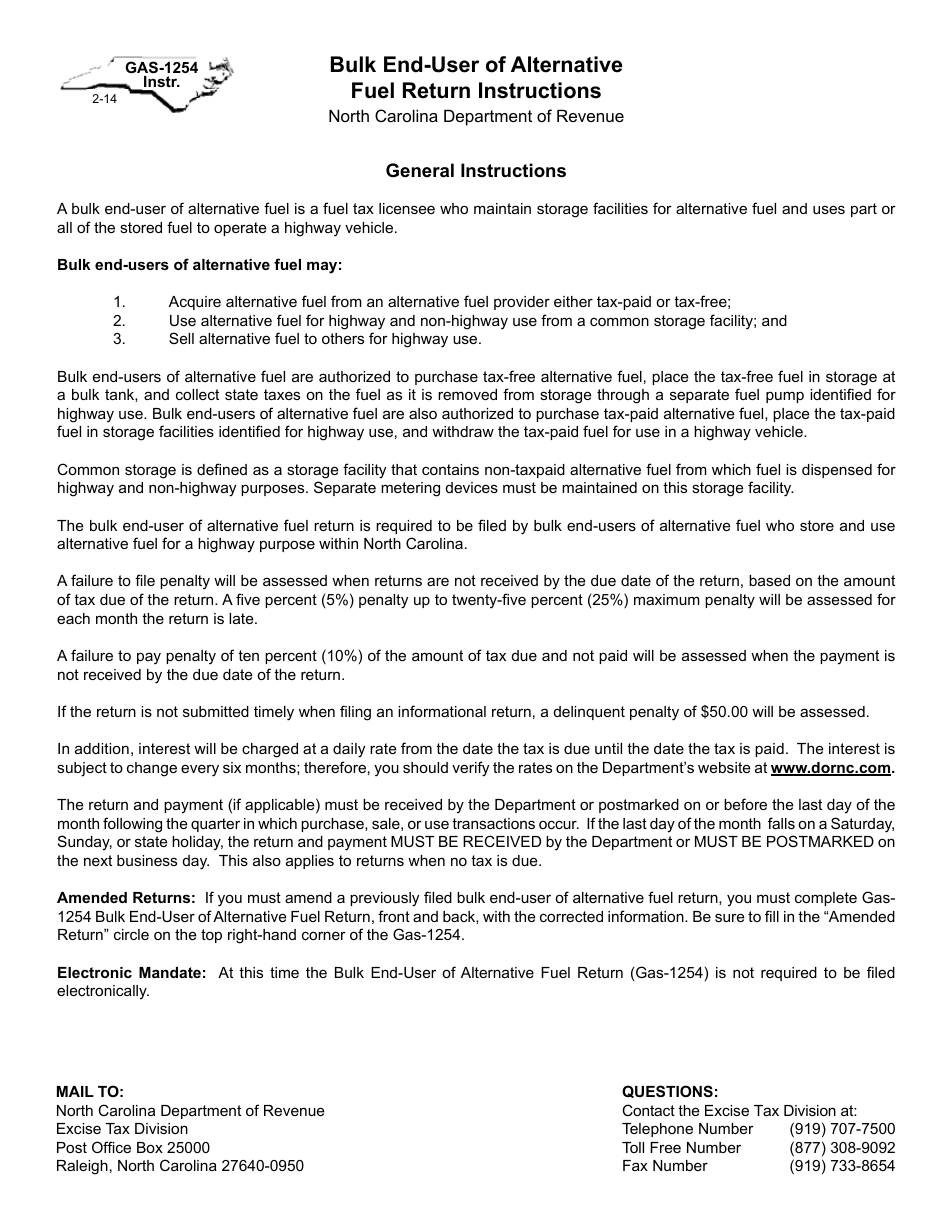 Instructions for Form GAS-1254 Bulk End-User of Alternative Fuel Return - North Carolina, Page 1