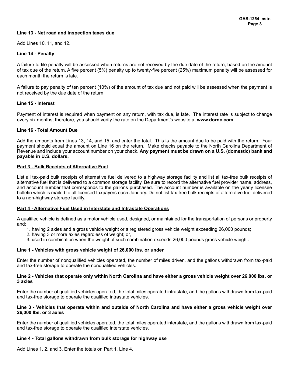 Instructions for Form GAS-1254 Bulk End-User of Alternative Fuel Return - North Carolina, Page 3
