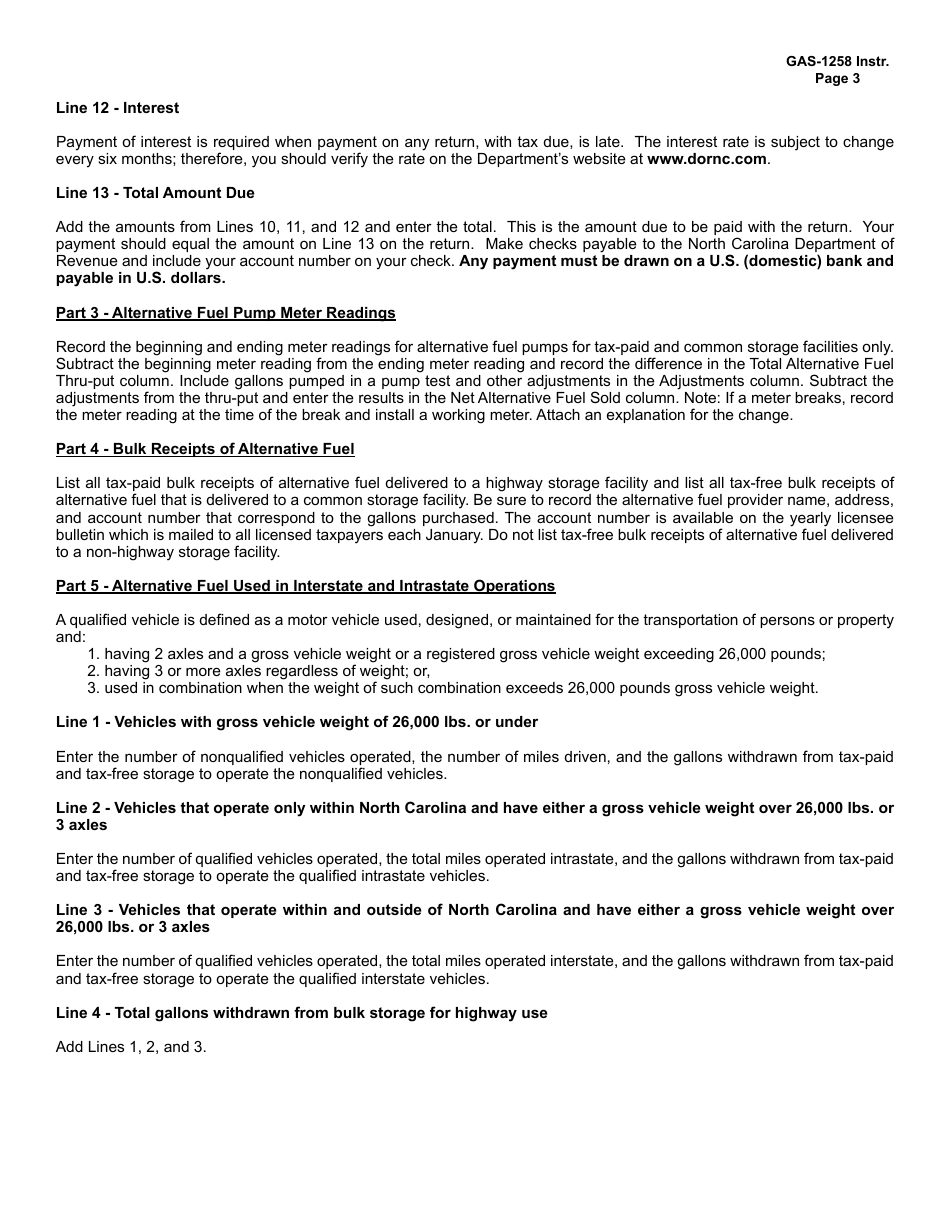 Instructions for Form GAS-1258 Retailer of Alternative Fuel Return - North Carolina, Page 3