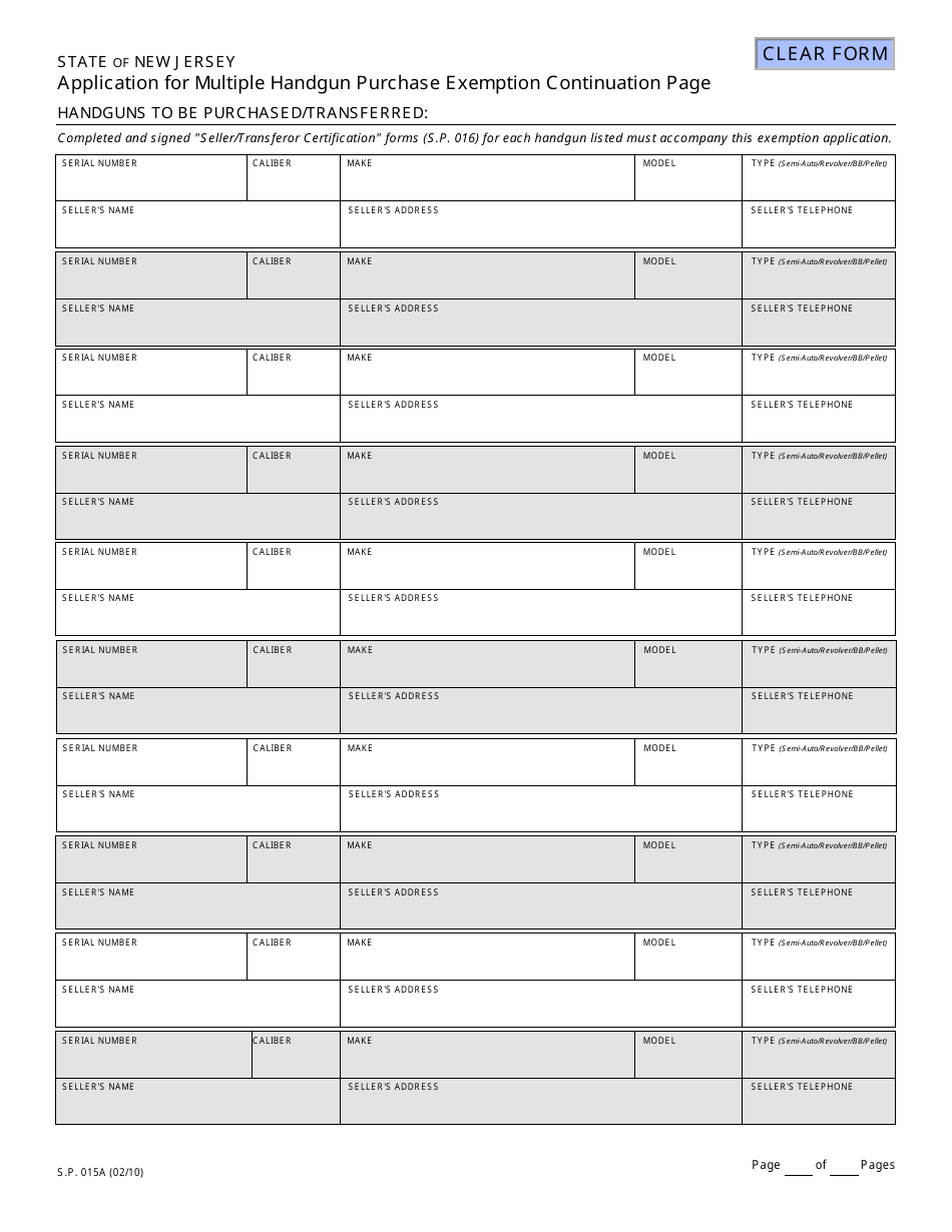 Form S.P.015A Application for Multiple Handgun Purchase Exemption Continuation Page - New Jersey, Page 1