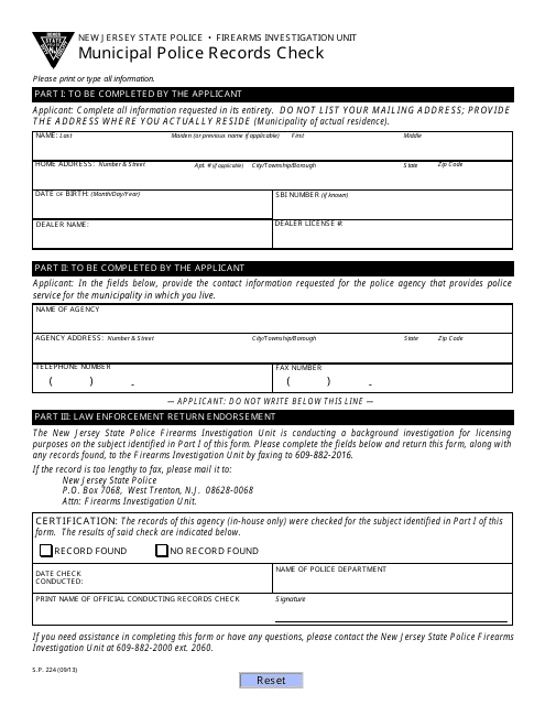 Form S.P.224 Municipal Police Records Check - New Jersey